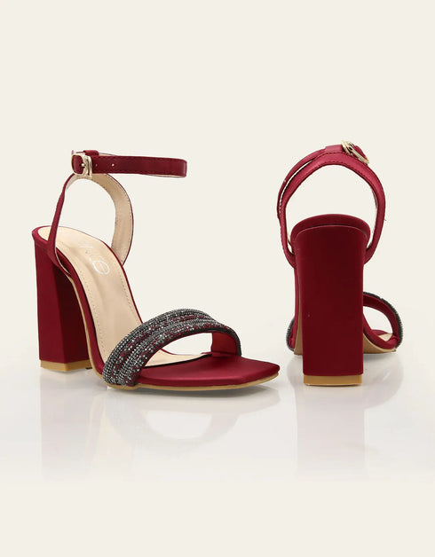 Stellar Maroon Block Heels with Beaded Strap – Essence by Rubina