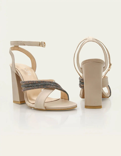 Celestina Nude Block Heels with Glitter Crossover and Ankle Strap ā Essence by Rubina