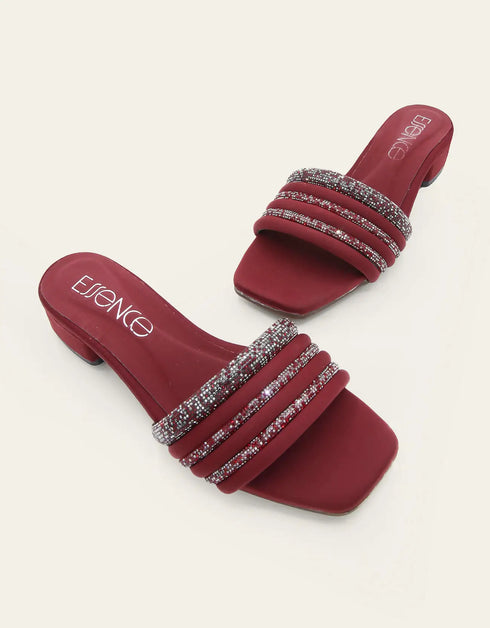 Rouzelle Maroon Block Heels with Glitter Triple Straps – Essence by Rubina