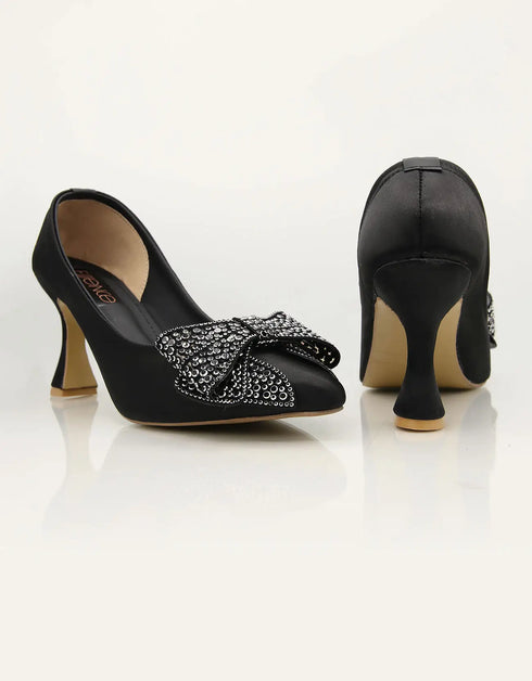 Bella Black Closed-Toe Heels with Embellished Bow – Essence by Rubina