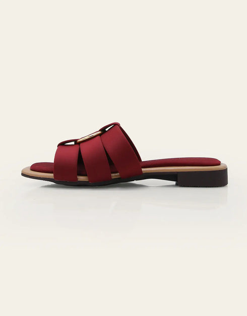 Marveta maroon flats with triple cushioned straps and gold ring – Essence by Rubina