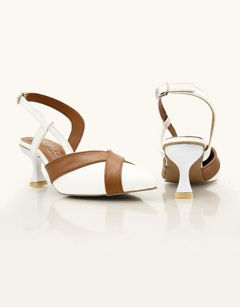 Luna White and Tan Pointed-Toe Heels with Ankle Strap – Essence by Rubina