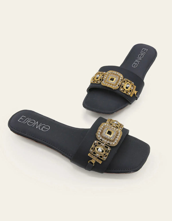 Aurista Black Flats with Antique Gold Buckle – Essence by Rubina