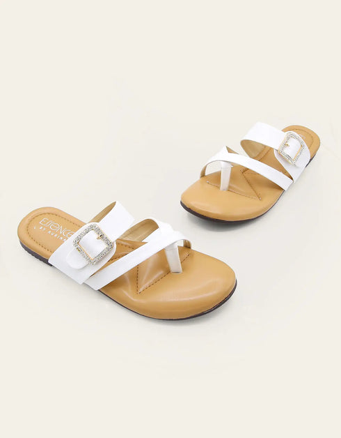 White Stravia criss-cross flats with jeweled buckle