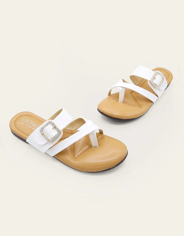 White Stravia criss-cross flats with jeweled buckle