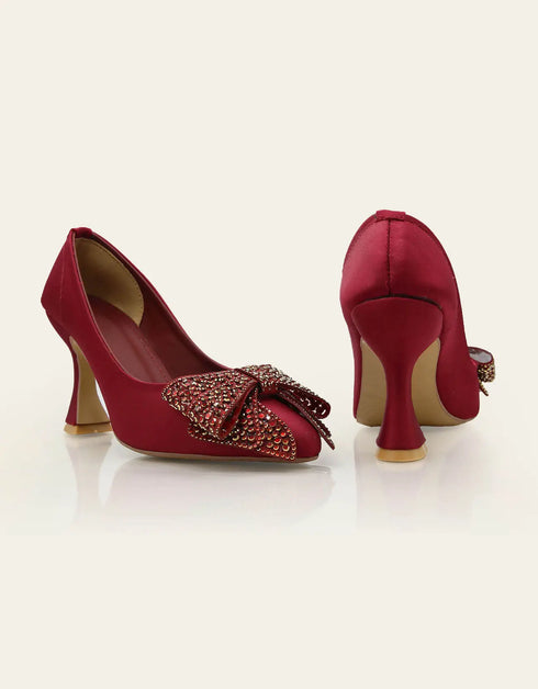 Bella Maroon Closed-Toe Heels with Embellished Bow – Essence by Rubina