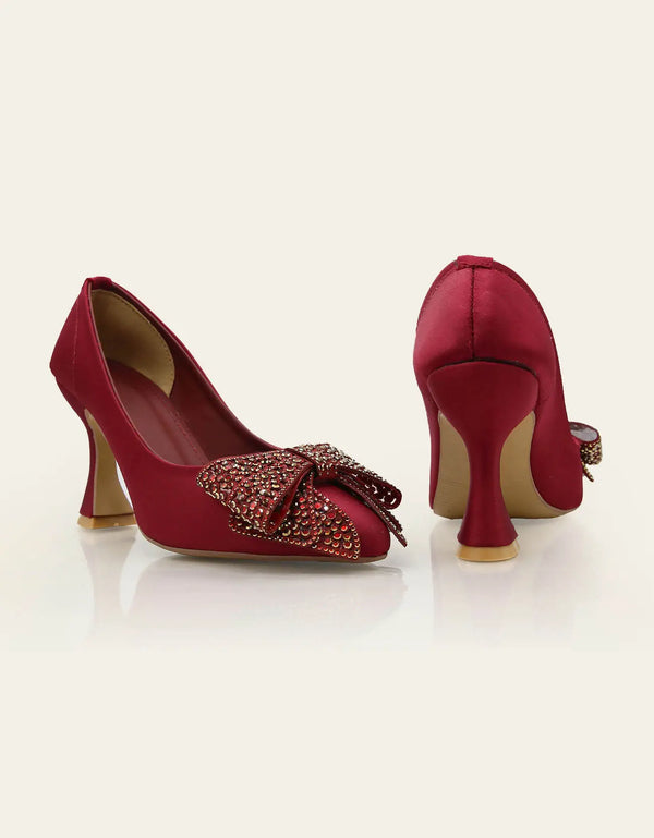 Bella Maroon Closed-Toe Heels with Embellished Bow – Essence by Rubina