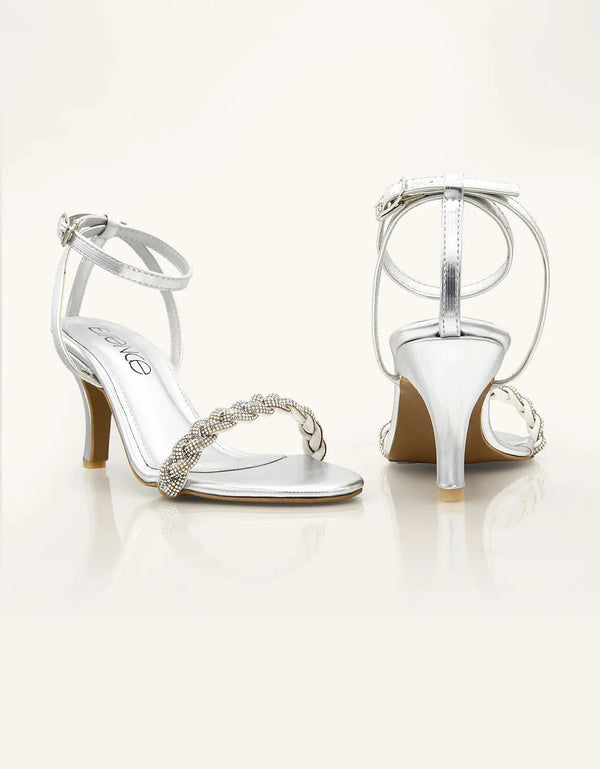 Aura Silver Heels with Braided Crystal Strap – Essence by Rubina