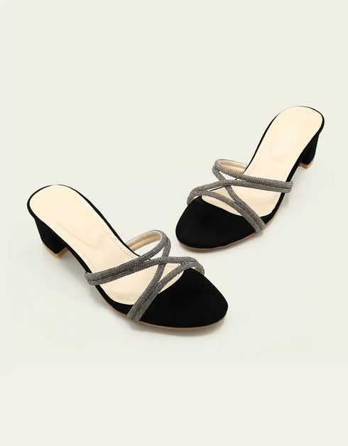 Velora Black Block Heels with Criss-Cross Glitter Straps – Essence by Rubina