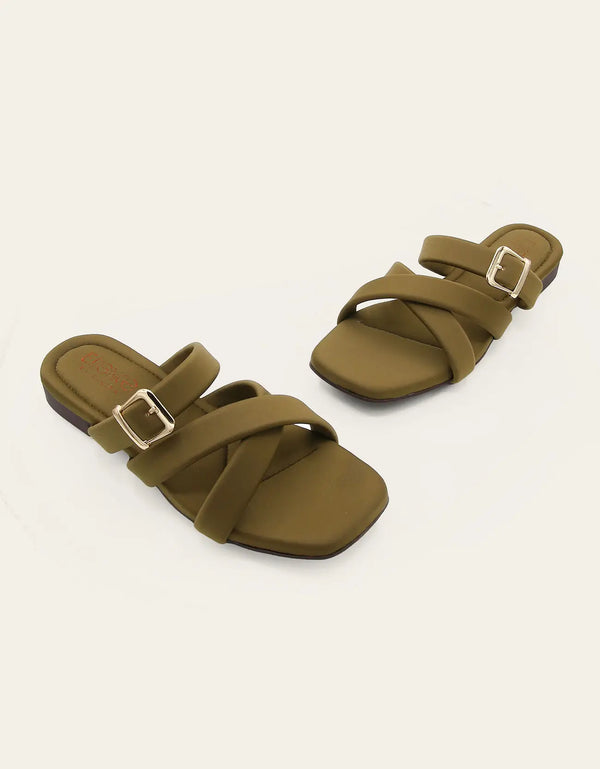 Crosvia olive green flats with crossover padded straps and gold buckle – Essence by Rubina