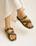 Crosvia olive green flats with crossover padded straps and gold buckle – Essence by Rubina