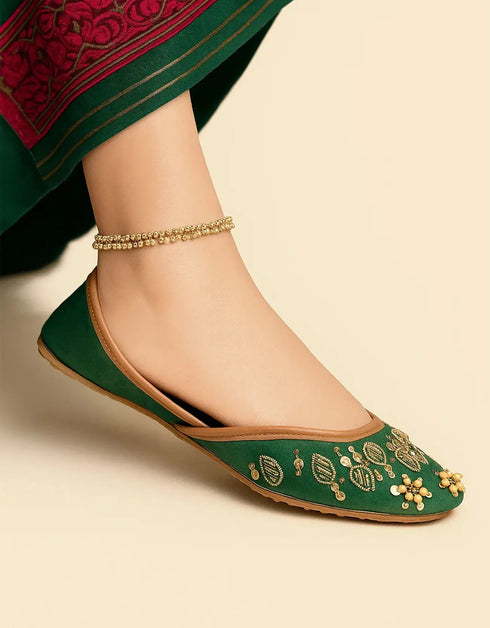 Banafsha Green Leather Khussa with Hand Embroidery – Essence by Rubina