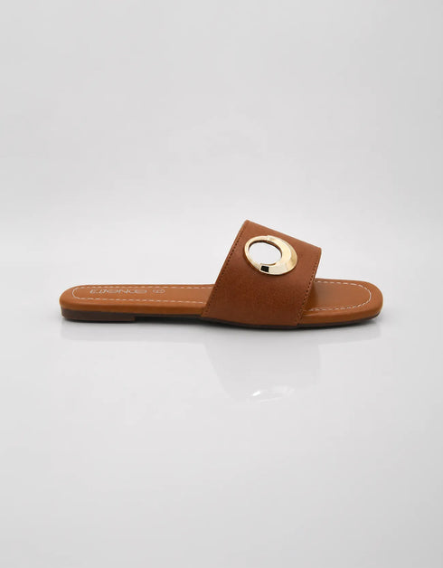 Aurelle brown women's flat sandals with statement gold metal ring detail and soft padded sole