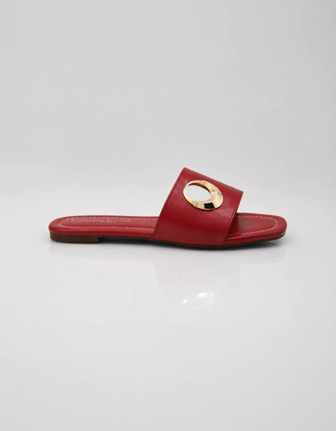 Side view of Aurelle maroon metal ring flat sandals for women