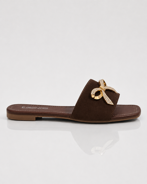 Side profile of Aveen brown bow embellished flat sandals for women