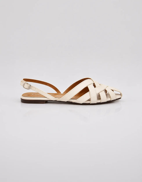 Side view of beige woven flat sandals with criss cross straps and slingback ankle strap, elegant women sandals for daily wear, lightweight summer footwear Pakistan