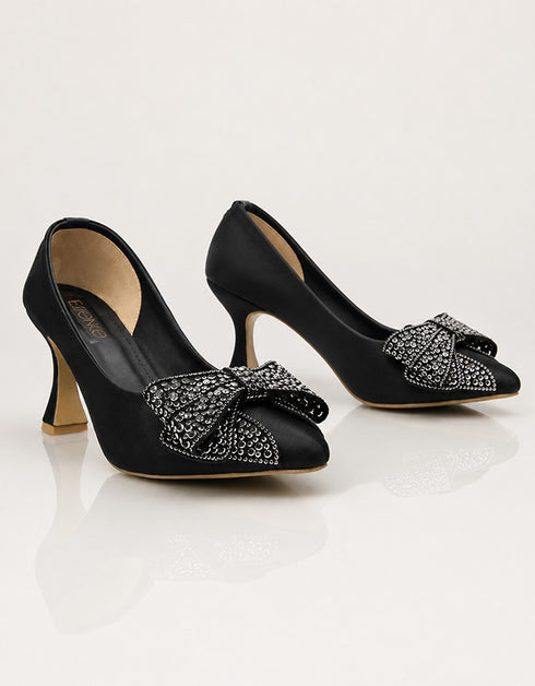 Black formal pumps for women featuring embellished crystal bow and pointed toe design β Essence by Rubina