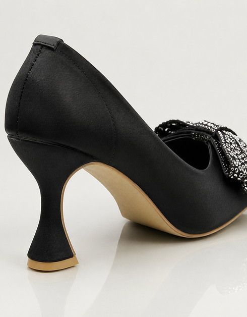 Black party wear heels for women with pointed toe heel and crystal bow detail β Essence by Rubina