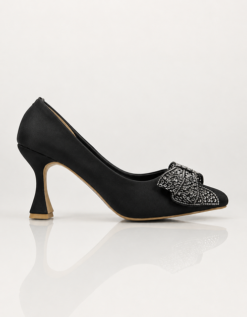 Black party wear heels for women with pointed toe silhouette and crystal bow side profile β Essence by Rubina