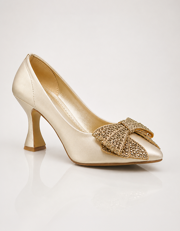 Women's golden embellished bow pointed toe heels with crystal detailing and comfortable 3 inch heel