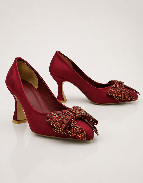Maroon formal pumps for women featuring decorative crystal bow and pointed toe design β Essence by Rubina
