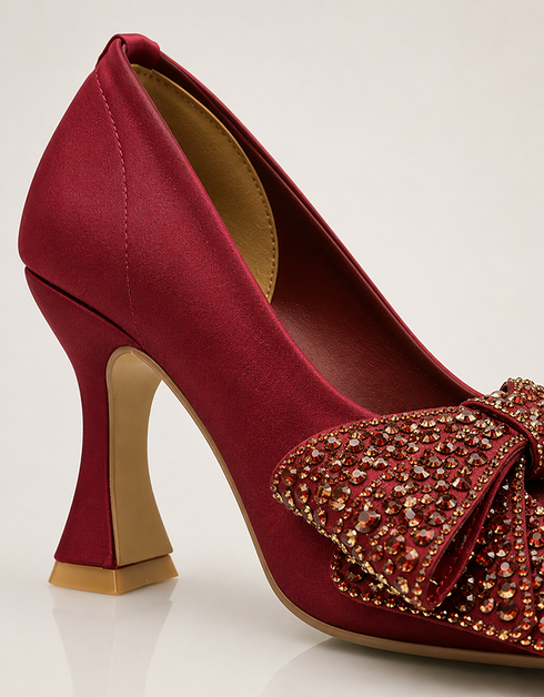 Maroon party wear heels for women with pointed toe silhouette and crystal bow details β Essence by Rubina