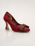 Maroon party wear heels for women with pointed toe silhouette and crystal bow detail front profile β Essence by Rubina