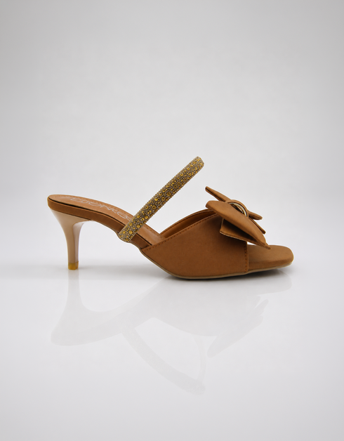Brown bow kitten heel sandal with elegant side profile and comfortable 2 inch heel.