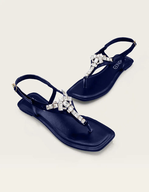 Top view of blue women sandals with silver crystal embellishments, stylish T-strap flat sandals, summer footwear for girls Pakistan, comfortable and fashionable sandals