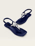 Top view of blue women sandals with silver crystal embellishments, stylish T-strap flat sandals, summer footwear for girls Pakistan, comfortable and fashionable sandals