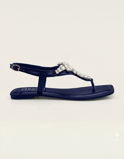 Side view of blue flat T-strap sandals with crystal accents, lightweight women sandals for summer, stylish casual footwear Pakistan for daily wear