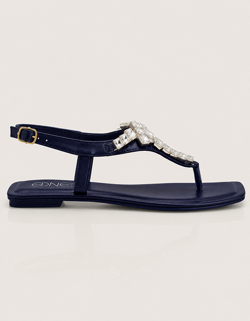 Side view of blue flat T-strap sandals with crystal accents, lightweight women sandals for summer, stylish casual footwear Pakistan for daily wear