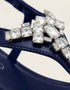 Close-up of blue T-strap sandals with silver rhinestone crystal detailing, premium ladies sandals Pakistan, elegant flat sandals for casual and party wear