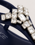 Close-up of blue T-strap sandals with silver rhinestone crystal detailing, premium ladies sandals Pakistan, elegant flat sandals for casual and party wear