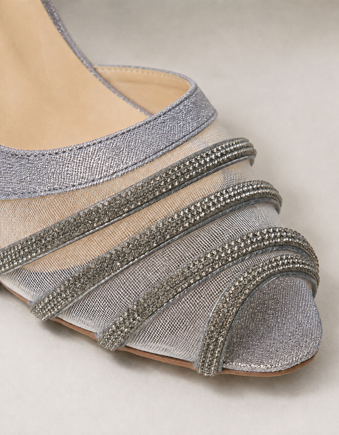 Close up of embellished shimmer straps on Zareenah silver block heel sandals