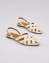 Top view of cream criss cross flat sandals for women with woven multi-strap design and slingback strap, closed toe summer sandals, comfortable ladies footwear Pakistan, stylish casual sandals