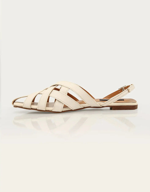 Side angle of cream multi-strap flat sandals with woven criss cross design and back strap, trendy women sandals Pakistan, durable comfortable footwear for everyday use