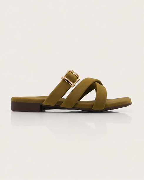 Side view of olive cross strap flat sandals featuring a lightweight slip on design.