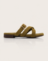 Side view of olive cross strap flat sandals featuring a lightweight slip on design.