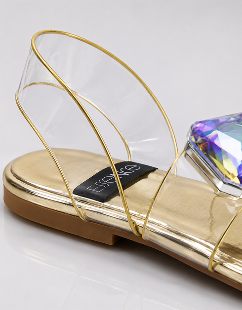 Iridescent square crystal detail on gold sandal