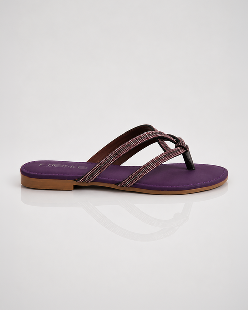 Side view of purple multi strap flat sandal with shimmer detail