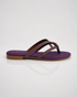 Side view of purple multi strap flat sandal with shimmer detail