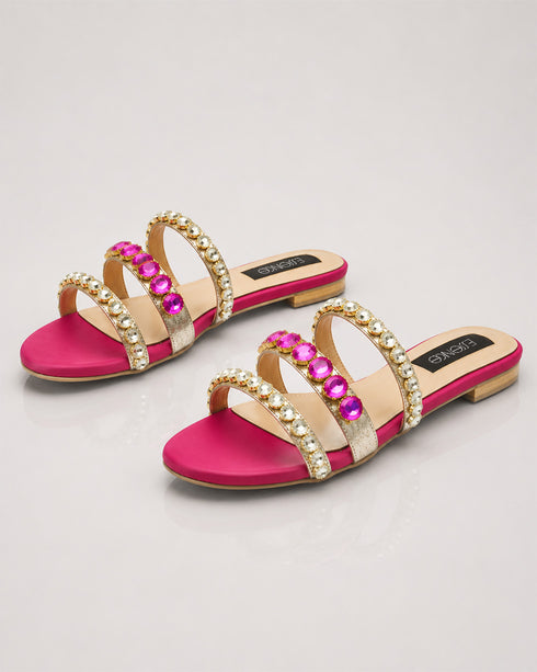 Pair of pink embellished flat sandals for women fancy chappal Pakistan