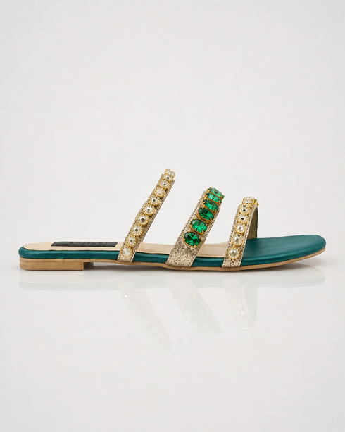 Pair of green and pink embellished flat sandals for women fancy chappal Pakistan