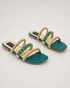 Close-up of crystal stones on embellished triple strap sandals