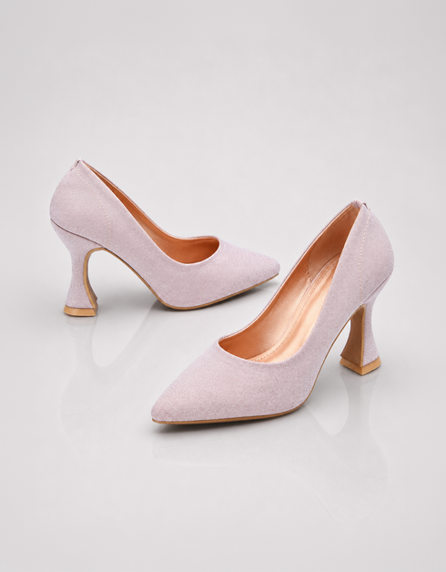 Pink shimmer pointed toe pumps with elegant mid heel and refined silhouette by Essence by Rubina.