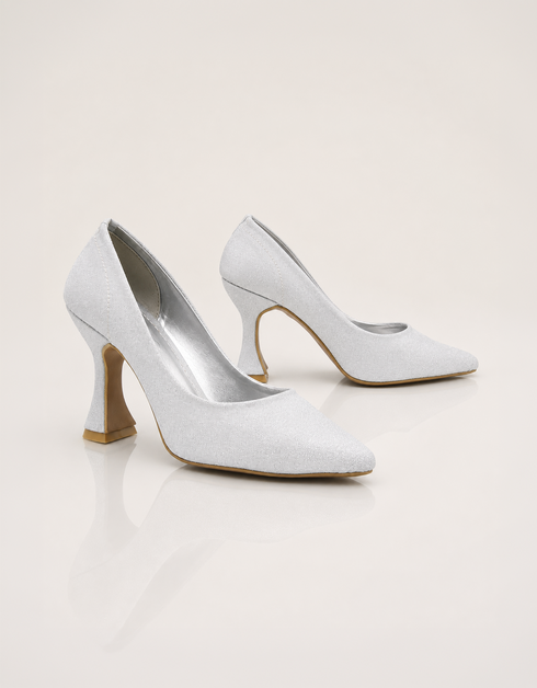 Silver shimmer pointed toe pumps with elegant mid heel designed for formal occasions and celebrations.