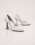 Silver shimmer pointed toe pumps with elegant mid heel designed for formal occasions and celebrations.