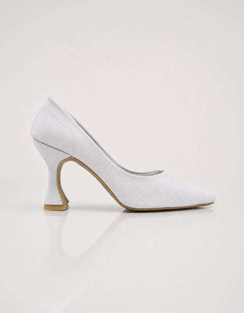 Close up of silver Lusture pumps showing the shimmering finish and premium pointed toe construction.