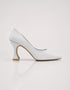 Close up of silver Lusture pumps showing the shimmering finish and premium pointed toe construction.